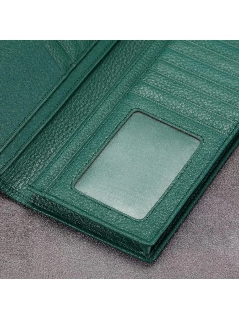 Men's Full Grain Leather Long Wallet - 15 Card Slots, Pebbled Green Design